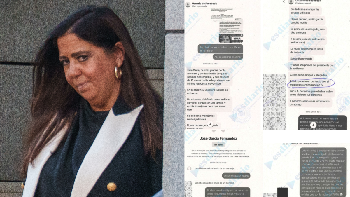 La jueza Beatriz Biedma junto a pantallazos de conversaciones suyas con Sáenz de Tejada.