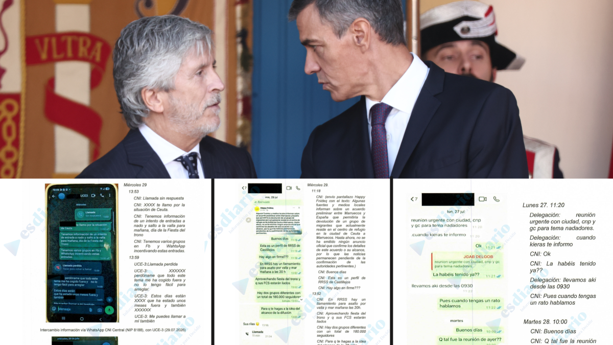 Pedro Sánchez y Fernando Grande Marlaska charlan durante el desfile del 12 de Octubre (arriba); mensajes del CNI entregados a la jueza Tardón sobre Ceuta y los avisos al Gobierno (abajo)