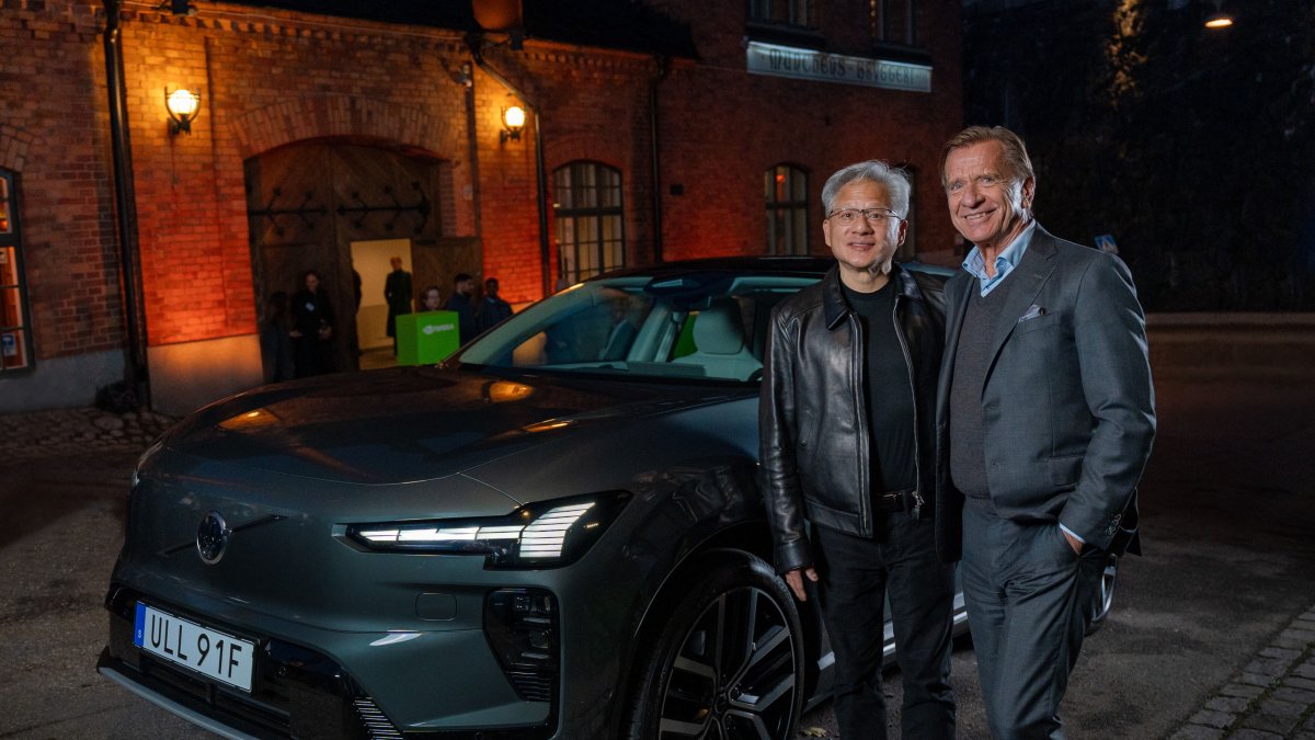 Volvo Cars CEO Håkan Samuelsson meets Nvidia CEO Jensen Huang at an event at Stockholm's Münchenbryggeriet, where leaders from the Nordic countries are meeting.