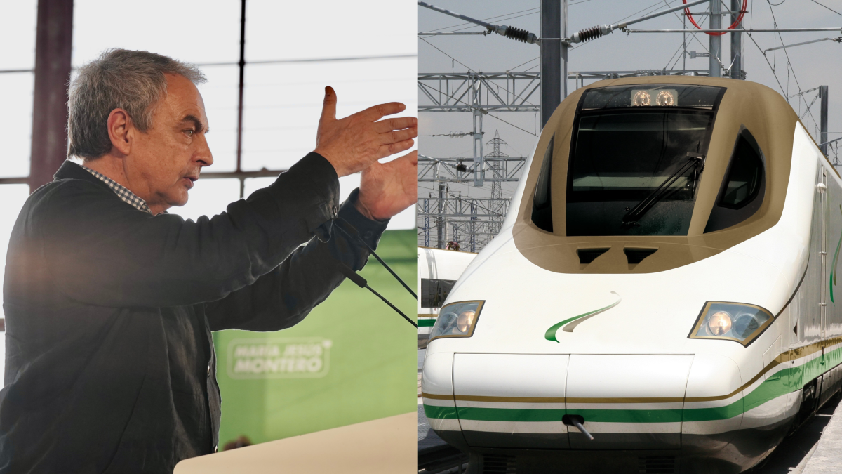El expresidente del Gobierno, José Luis Rodríguez Zapatero, en un acto del PSOE (izq.); el proyecto del AVE a La Meca (der.)