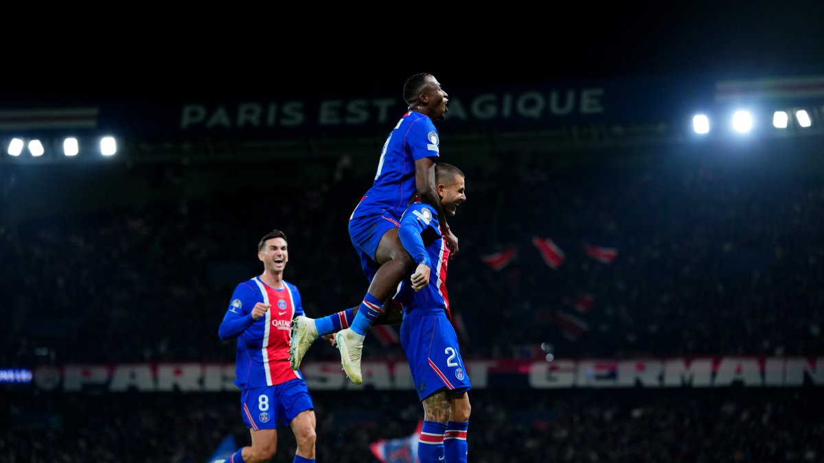 PARIS, FRANCE - OCTOBER 20: Lucas Hernandez of Paris Saint-Germain celebrates scoring his team’s second goal with teammates Willian Pacho and Fabian Ruiz during the UEFA Champions League 2026/27 League Phase MD3 match between Paris Saint-Germain and FC Barcelona at Parc des Princes on October 20, 2026 in Paris, France. (Photo by Franco Arland/Getty Images)