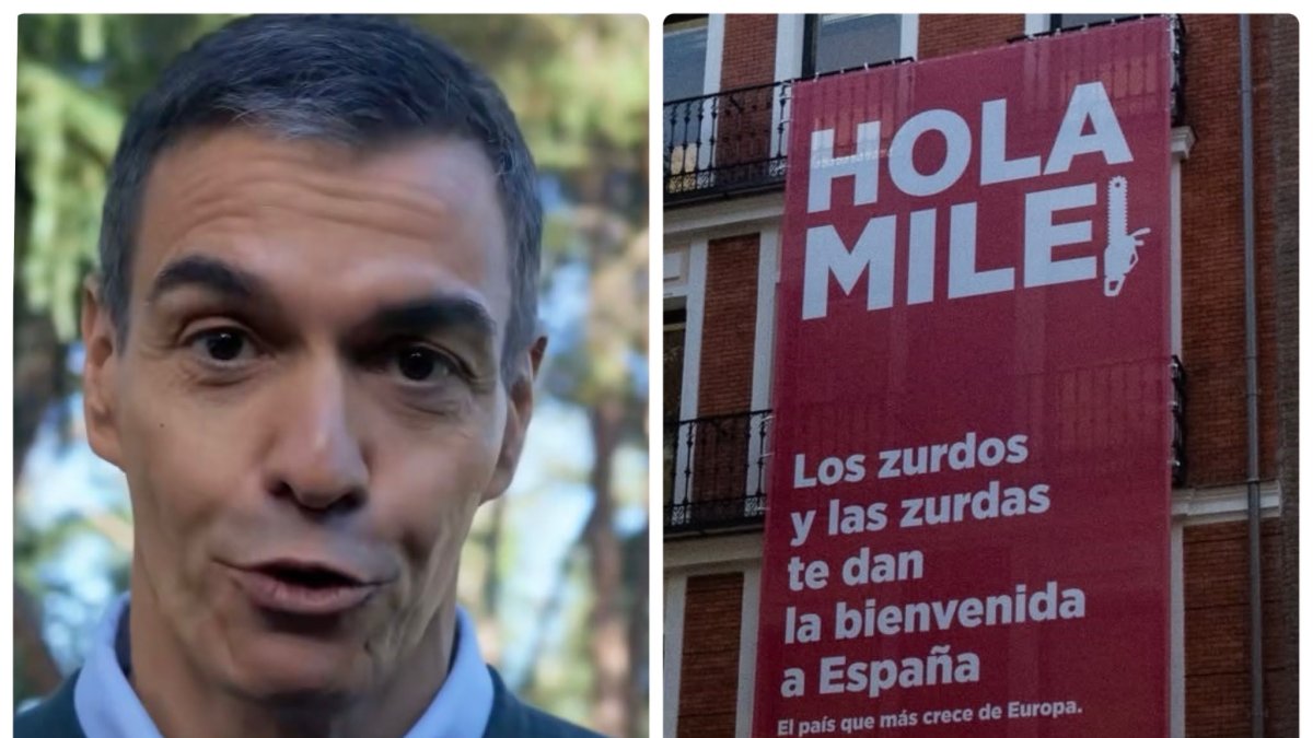 Pedro Sánchez y la pancarta contra Milei en Ferraz