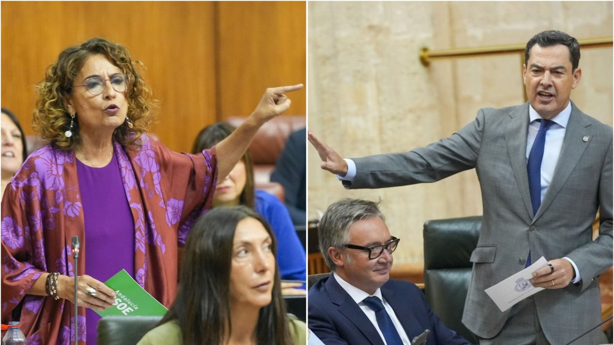 La líder de la oposición y del PSOE-A, María Jesús Montero, y el presidente de la Junta de Andalucía, Juanma Moreno (PP-A), durante la sesión de control.