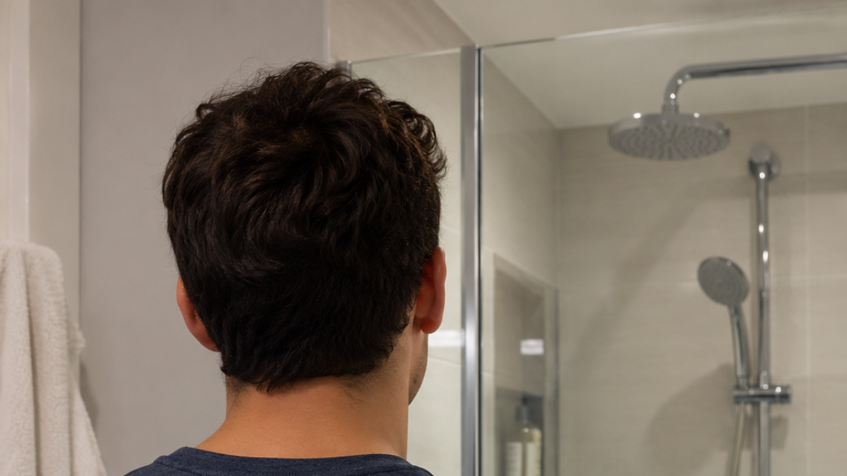 Hombre delante de una ducha