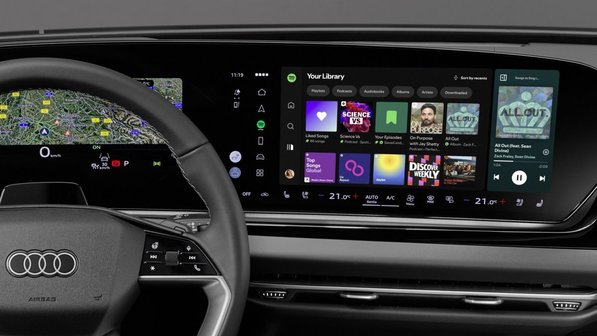 Interior view of the native Spotify in-car app in the Audi A6 e-tron and Audi Q6 e-tron models, as well as the Audi A5, Audi Q5 and Audi A6 from model year 2026 onwards