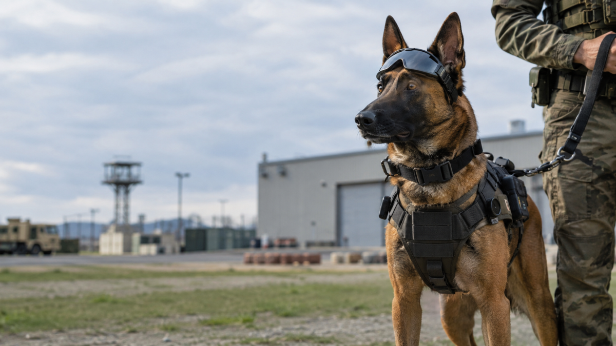 Imagen creada con IA de un perro militar.