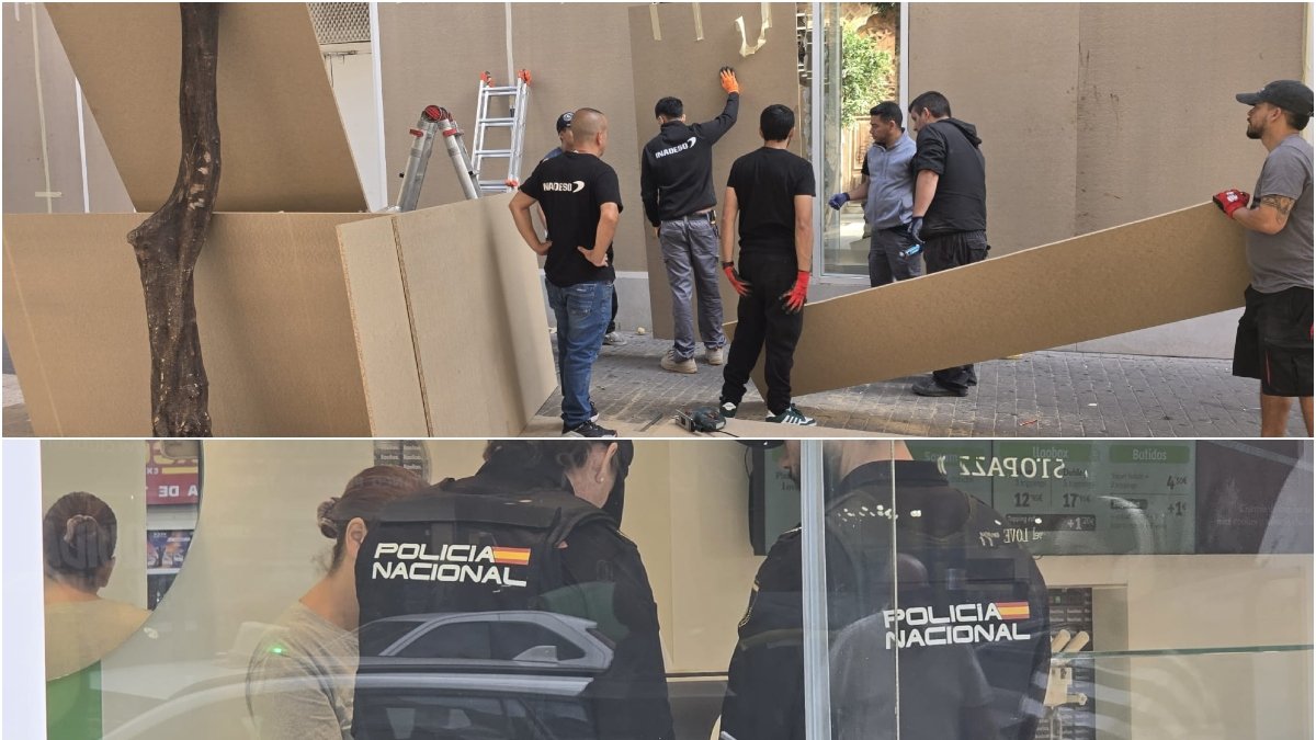 Operarios colocan maderas en la fachada de una tienda de ropa y la Policía Nacional haciendo ronda de avisos a las tiendas