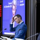 Pedro Sánchez en una rueda de prensa en Bruselas con el presidente del Consejo Europeo, Charles Michel y la presidenta de la Comisión Europea, Ursula von der Leyen.