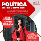 Cartel del acto del PSOE de Castilla y León con Sarah Santaolalla como moderadora y que gira en torno a hablar de política en los bares "con una cerveza en la mano".