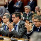 Los ministros Félix Bolaños, Óscar López y el portavoz del PSOE en el Congreso, Patxi López.