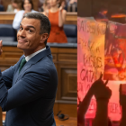 El presidente del Gobierno, Pedro Sánchez y el momento en el que se quema una imagen de Felipe V con la cara de Carlos Mazón.