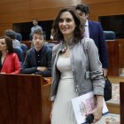 Isabel Diaz Ayuso, Iñigo Errejón y Mónica García, en la Asamblea de Madrid en 2019.