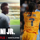 La imagen promocional del documental de Vinicius con su última actuación deportiva en Mestalla agrediendo al portero del Valencia.