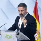 Archivo - El líder de Vox, Santiago Abascal, durante una rueda de prensa en la sede de Vox.