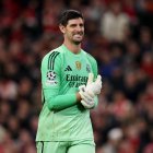 LIVERPOOL, ENGLAND - NOVEMBER 04: Thibaut Courtois of Real Madrid reacts during the UEFA Champions League 2025/26 League Phase MD4 match between Liverpool FC and Real Madrid C.F. at Anfield on November 04, 2025 in Liverpool, England. (Photo by Michael Regan/Getty Images)