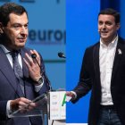 El rpesidente de la Junta y del PP-A, Juanma Moreno, y el presidente de la Diputación y del PP de Almería, Javier Aureliano García.