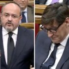 El líder del PP catalán, Alejandro Fernández, y el presidente de Cataluña, Salvador Illa, en el Parlament