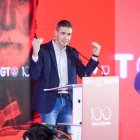Pedro Sánchez en un acto en la sede de UGT