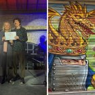 Paula Llobet entre el premio a Elías Durán y la obra ganadora