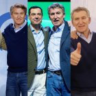 El líder del PP, Feijóo, junto a los presidentes de Castilla y León, Andalucía y Aragón: Alfonso Fernández Mañueco, Juanma Moreno y Jorge Azcón.