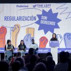 La secretaria general de Podemos, Ione Belarra, interviene durante el acto 'Regularización son derechos'