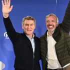 El presidente del PP, Alberto Nuñez Feijóo, y el candidato del PP a la reelección a la Presidencia del Gobierno de Aragón, Jorge Azcón, durante una comida mitin, en el Hotel Valdeherrera, en Calatayud, Zaragoza, Aragón (España).