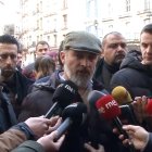 El presidentde de Vox, Santiago Abascal, este jueves en la plaza del Torico de Teruel.