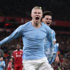 LIVERPOOL, ENGLAND - FEBRUARY 08: Erling Haaland of Manchester City celebrates scoring his team's second goal from the penalty spot during the Premier League match between Liverpool and Manchester City at Anfield on February 08, 2026 in Liverpool, England. (Photo by Michael Regan/Getty Images)