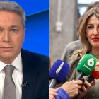 Vicente Vallés, presentador de Antena 3 Noticias (d) y Yolanda Díaz, ministra de Trabajo (i)
