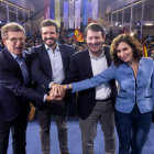 Feijóo, Casado, Fernández Mañueco y Díaz Ayuso, en la Feria de Muestras de Valladolid, el 11 de febrero, días antes de la salida de Casado.
Claudia Alba (Europa Press)