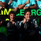 MELBOURNE, AUSTRALIA - MARCH 08: Race winner George Russell of Great Britain and Mercedes AMG Petronas F1 Team and second placed Andrea Kimi Antonelli of Italy and Mercedes AMG Petronas F1 Team Mercedes AMG Petronas F1 Team celebrate with the team during the F1 Grand Prix of Australia at Albert Park Grand Prix Circuit on March 08, 2026 in Melbourne, Australia. (Photo by Joe Portlock/Getty Images)