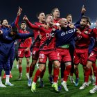 STRASBOURG, FRANCE - MAY 07: Ivan Balliu and Isi Palazon of Rayo Vallecano celebrate with teammates following the team's victory during the UEFA Europa Conference League match between Racing Club de Strasbourg Alsace and Rayo Vallecano de Madrid at Stade de la Meinau on May 07, 2026 in Strasbourg, France. (Photo by Simon Hofmann/Getty Images)