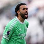 LONDON, ENGLAND - MAY 10: David Raya of Arsenal celebrates at full time following victory during the Premier League match between West Ham United and Arsenal at London Stadium on May 10, 2026 in London, England. (Photo by Justin Setterfield/Getty Images)