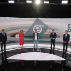 Los cinco candidatos a la Presidencia de la Junta de Andalucía: Manuel Gavira (Vox), María Jesús Montero (PSOE-A), José Ignacio García (Adelante Andalucía), Juanma Moreno (PP-A) y Antonio Maíllo (Por Andalucía).