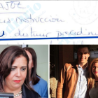 Anotación de Leire Díez sobre "destruir el procedimiento" contra David Sánchez (arriba); la jueza Beatriz Biedma (izq.); Pedro Sánchez con Leire Díez (der.)