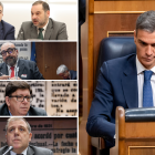A la izquierda: José Luis Ábalos, Santos Cerdán, Koldo García, Paco Salazar y Juan Manuel Serrano; a la derecha: Pedro Sánchez.