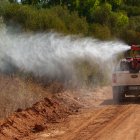 Operarios realizan trabajos de control y tratamiento de mosquitos transmisores del virus del Nilo occidental en la localidad sevillana de Los Palacios.