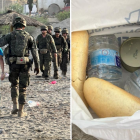 Un militar ayuda a un niño llegado a nado desde Marruecos a Ceuta (izq) junto a la ración que en un principio daban a los militares (der.)