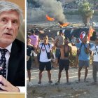 El ministro del Interior, Fernando Grande-Marlaska, e inmigrantes de Ceuta