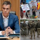 El presidente del Gobierno, Pedro Sánchez, junto a protestas en Ceuta y un grupo de militares.