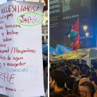 Carteles de la acampada de la Puerta del Sol en Madrid y banderas de Palestina