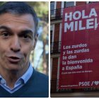 Pedro Sánchez y la pancarta contra Milei en Ferraz