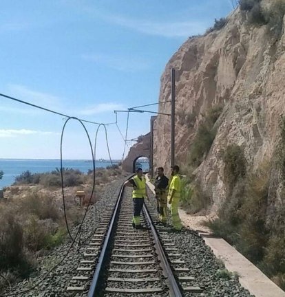 Operarios de FGV inspeccionan lo que ha pasado con la catenaria.