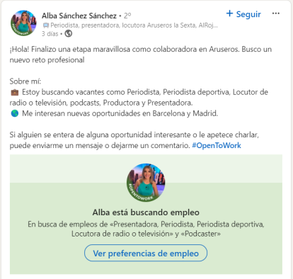 Perfil de LinkedIN de Alba Sánchez