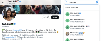 El perfil de Tesh Sidi y el perfil real de Más Madrid