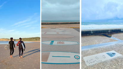 Surfistas en la playa de Hendaya y Avenida del Surf en Anglet