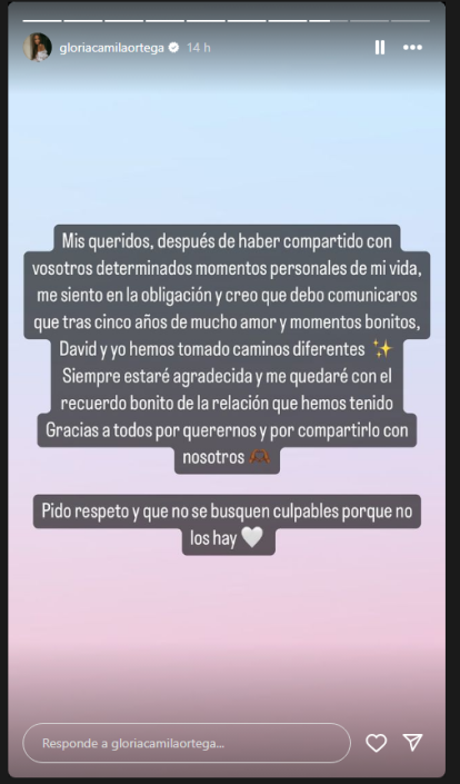 Gloria Camila ha confirmado en Instagram su separación de David García.