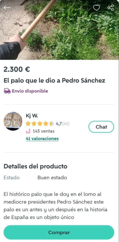 Anuncio del palo que le dio Sánchez en Paiporta en Wallapop