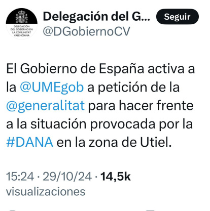 El tuit de la Delegación del Gobierno, a las 15:24