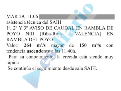 Aviso de la crecida del caudal del Poyo. Son las 11:06